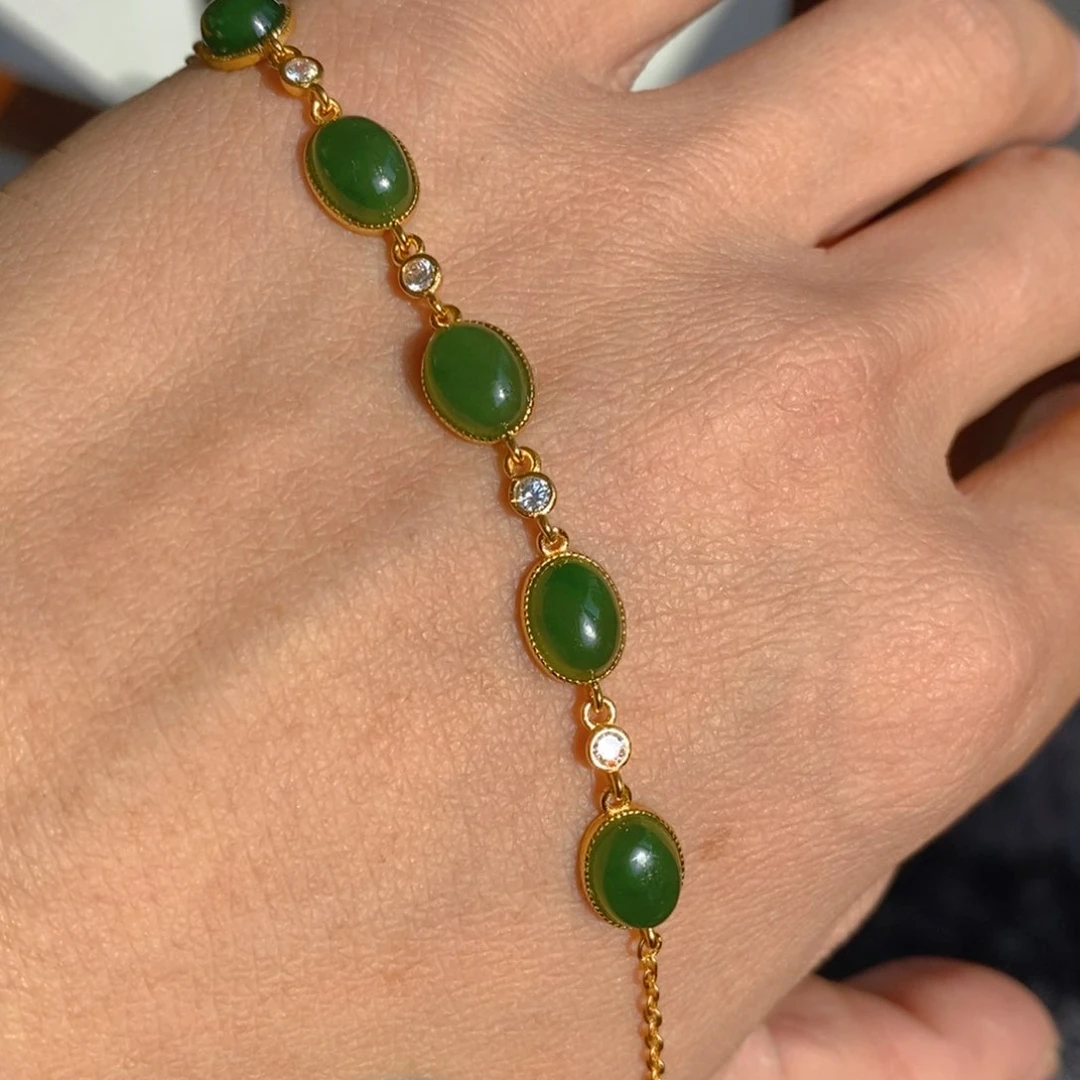 和田玉（碧玉）耳饰银S925镀金镶嵌