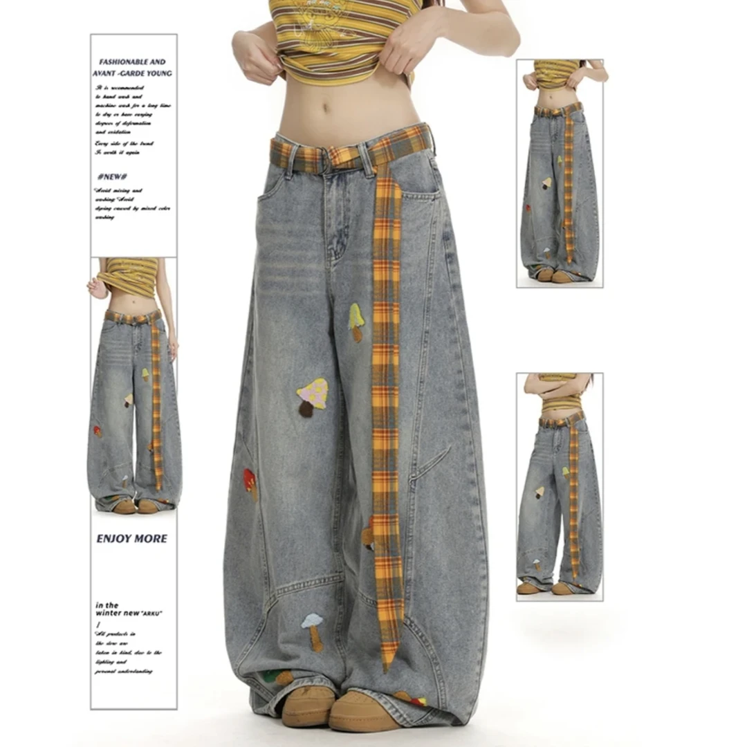【送腰带】美式卡通刺绣弯刀牛仔裤女秋季宽松直筒阔腿拖地镰刀裤