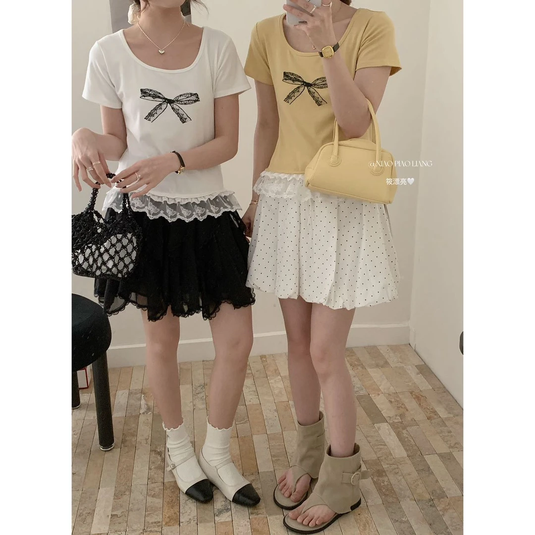 韩系2025夏季新款小众T恤印花蝴蝶结拼接蕾丝短袖U领上衣7658#0.1