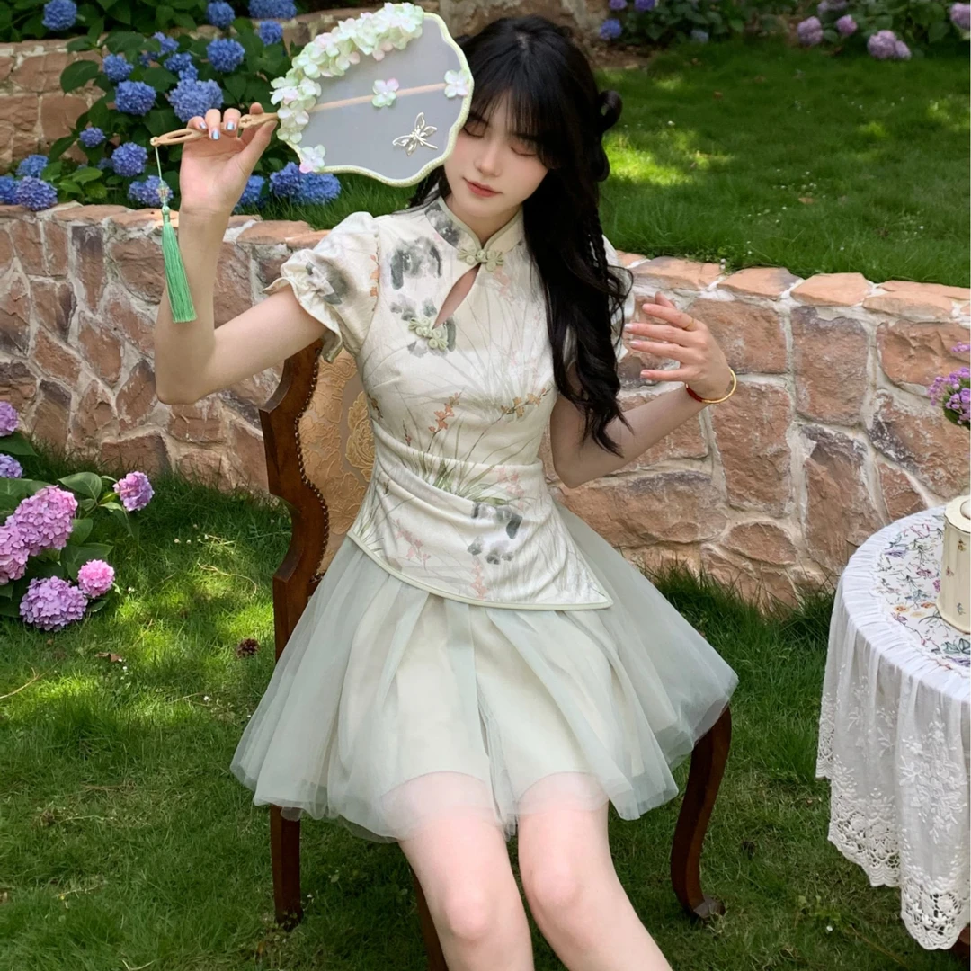 Blovelan青韵婳染啊 新中式改良假两件网纱印花拼接短连衣裙