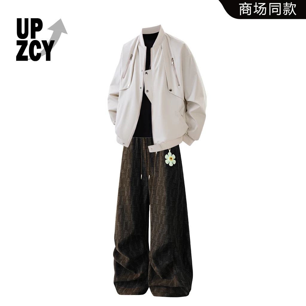 UPZCY美式复古潮流感高级夹克套装男2025秋冬新款高街阔腿裤套装