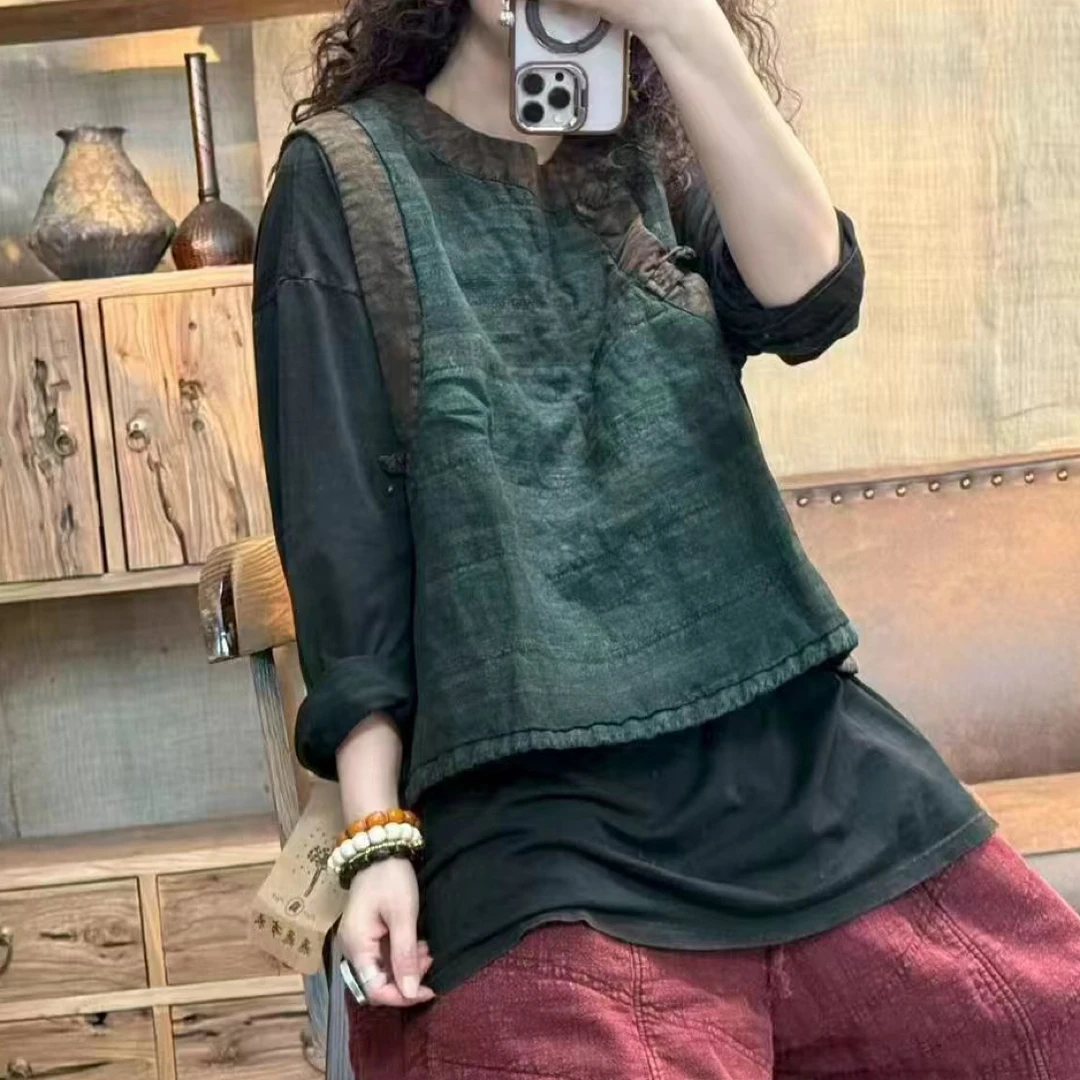 冬季夹薄棉亚麻炒色横条做旧复古斜襟扣马夹(长58胸围132)