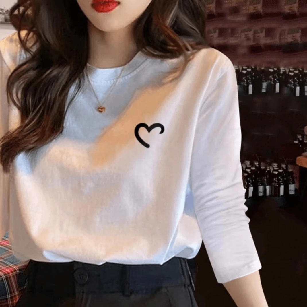 长袖春秋男女休闲透气时尚百搭圆领印花T恤 小半心