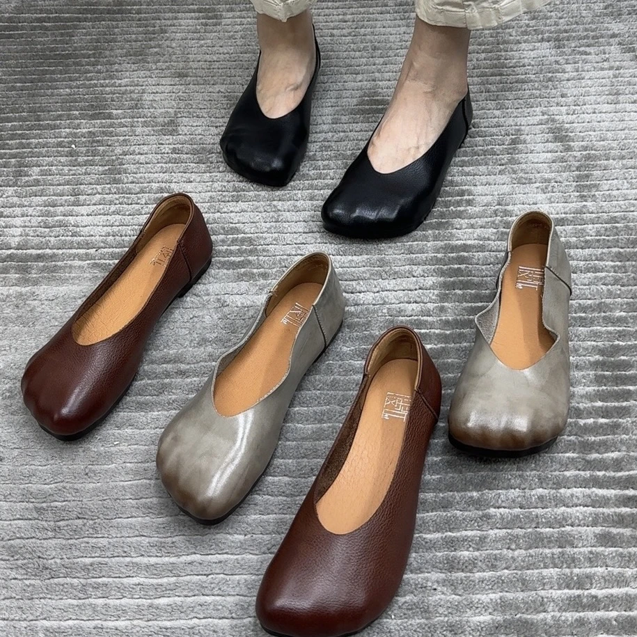 829-5头层牛皮一脚蹬五趾百搭浅口瓢鞋（特殊脚型拍大一码）