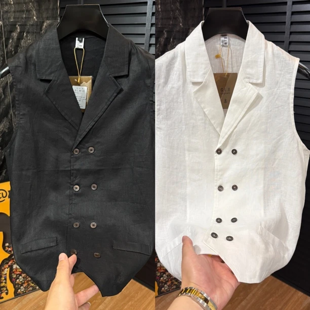 纯亚麻西装领双扣马夹背心青春潮流时尚穿搭短款百搭时尚潮流夏季