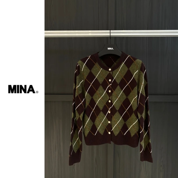 【MINA】静奢风圆领菱格复古撞色针织开衫