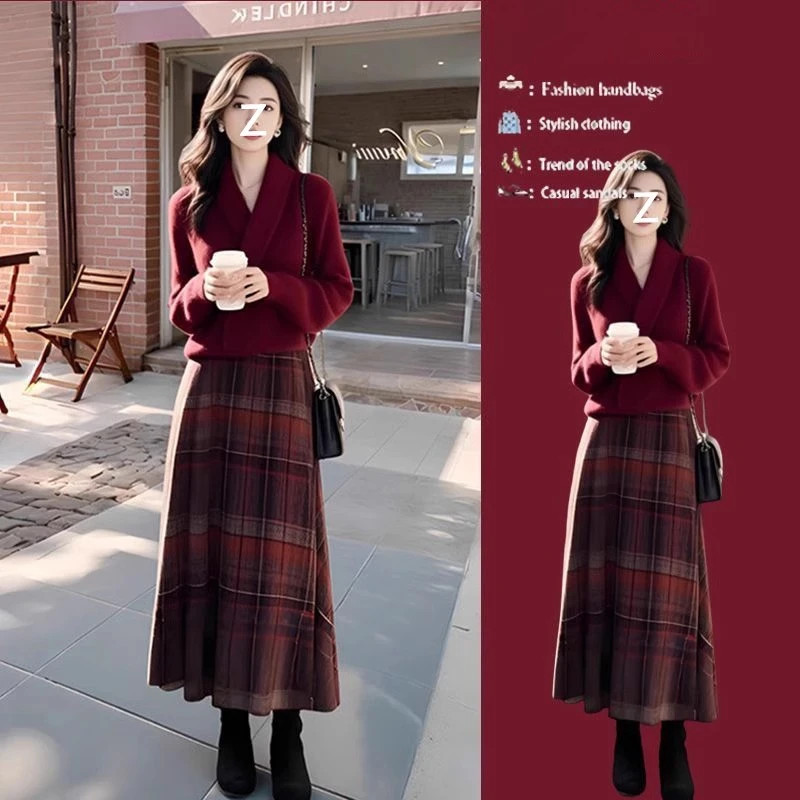 春季套装女新款韩版千金感气质名媛针织上衣格子半身裙两件套