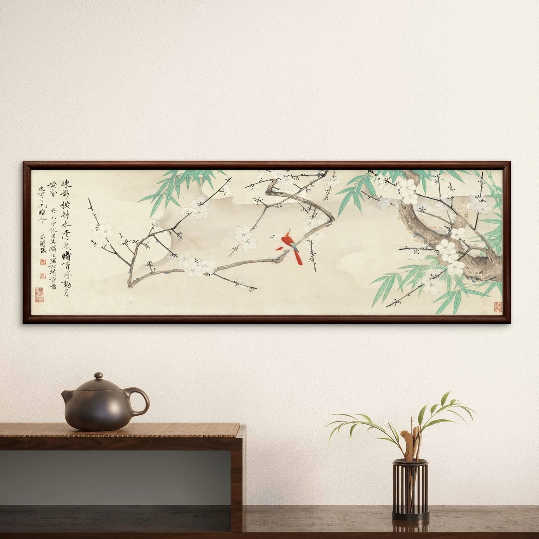 9302-40*120雪梅丹雀图中式装饰画实木玄关书房