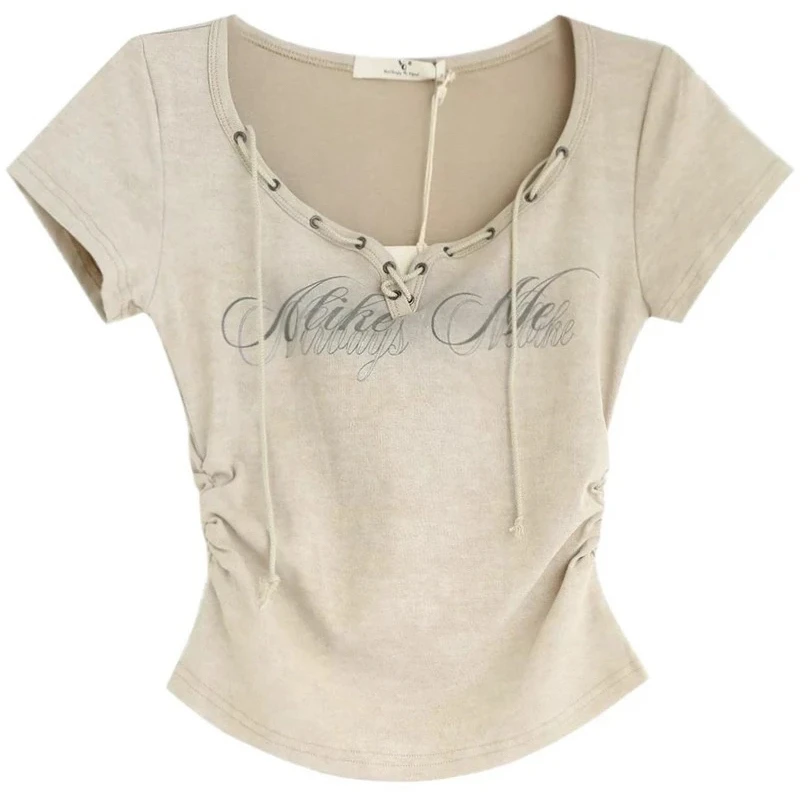 夏装新款美式复古辣妹短款收腰显瘦字母印花系绳短袖上衣