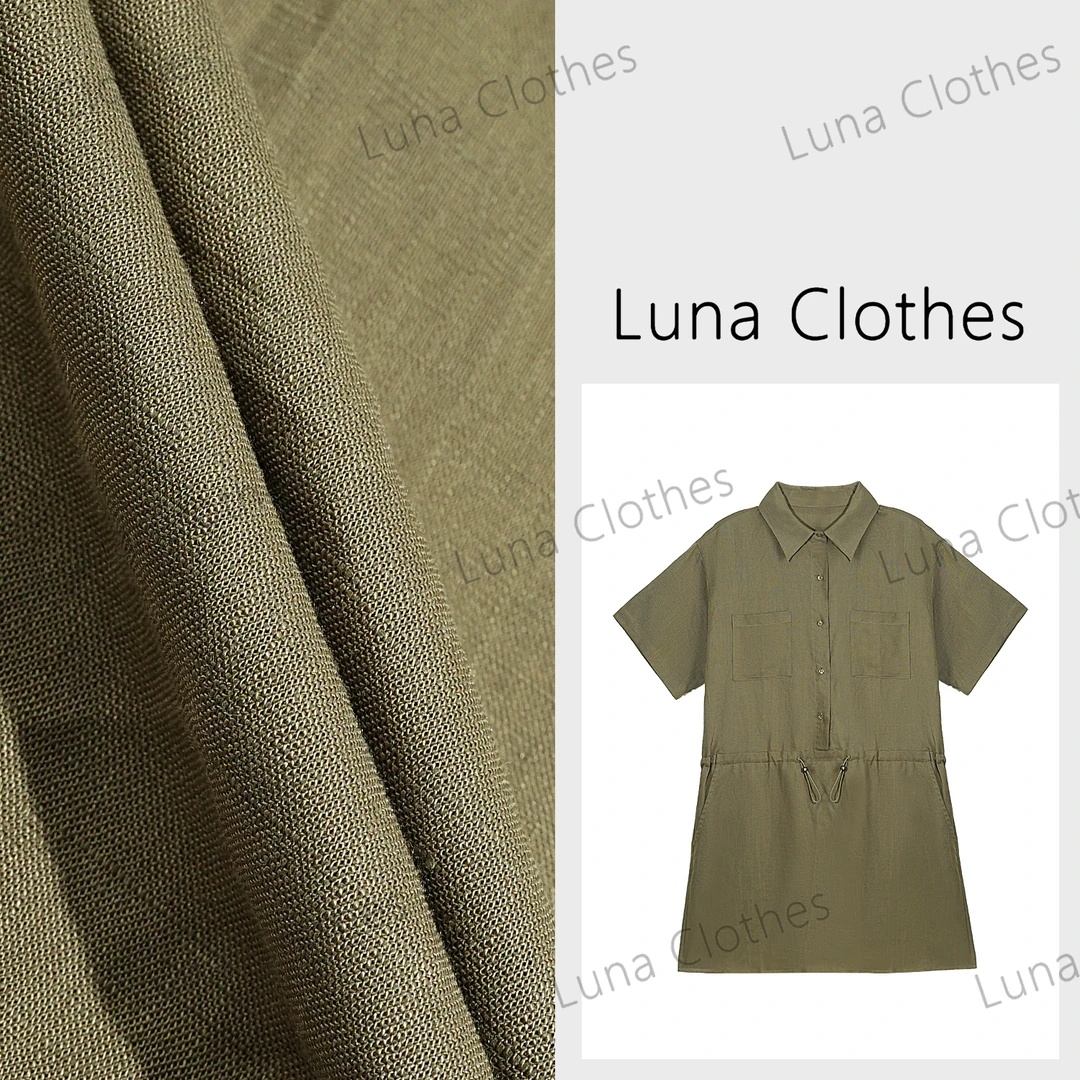 张妍LUNA高定莱赛尔亚麻腰部弹力抽绳衬衫版连衣裙N5353D