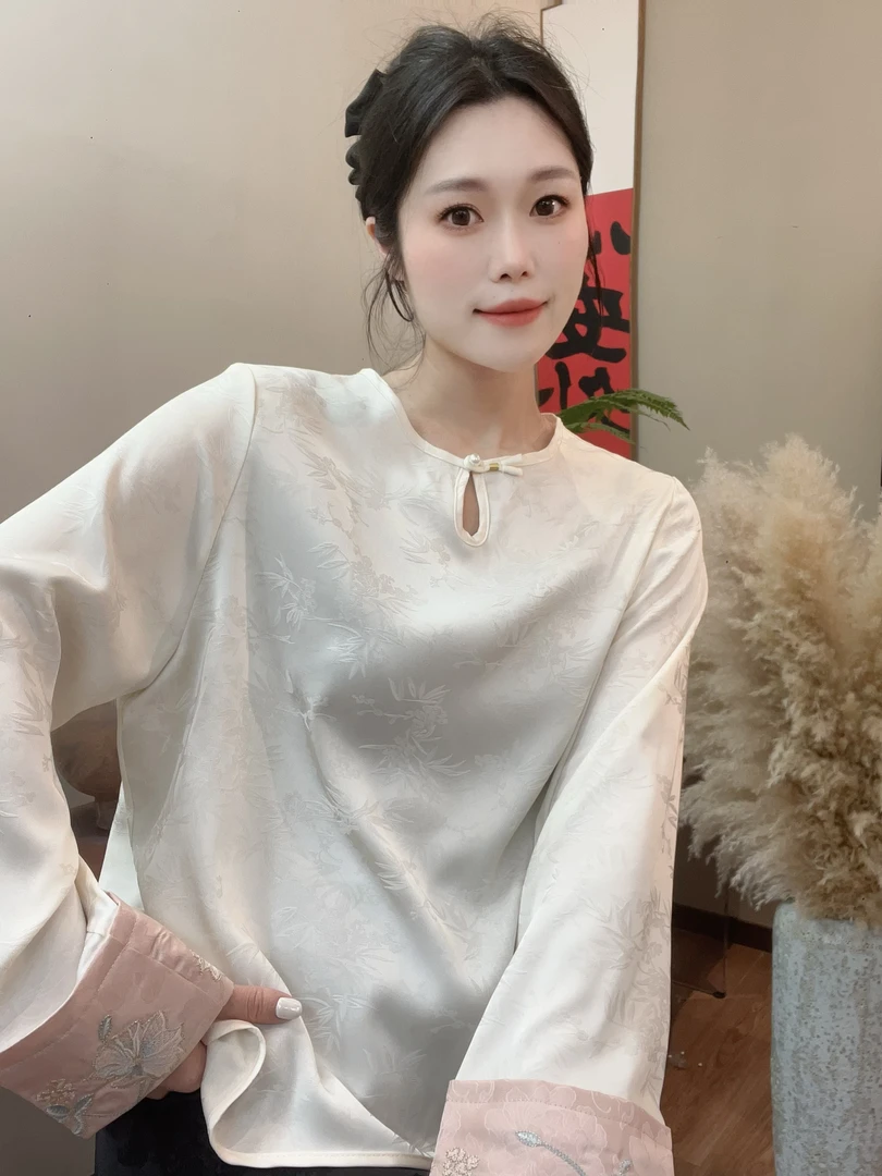 【霓裳】 早春新中式打底简约显瘦女时尚气质上衣夏季复古长袖百搭