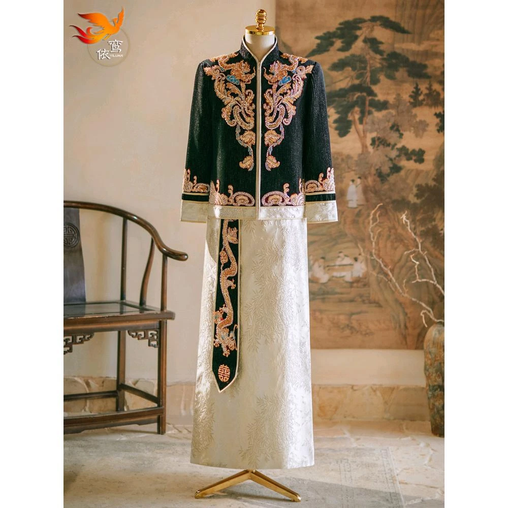 秀禾服新郎黑色新款结婚中式礼服大码唐装敬酒服秀和服男款龙凤褂