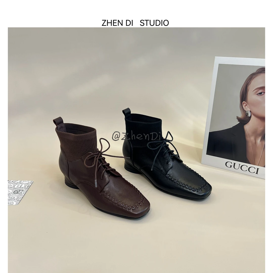 臻弟ZHENDI/秋冬新款小众设计时尚复古百搭粗跟系带及踝靴OS9525