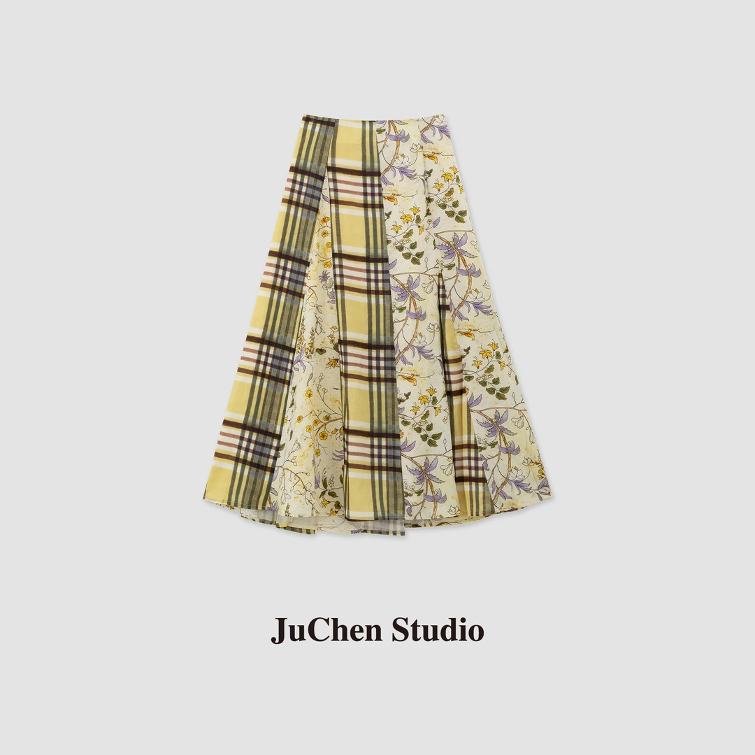 夏日海岛度假风“马蒂斯花卉”拼接格纹显瘦A字半身裙 SS206014-16