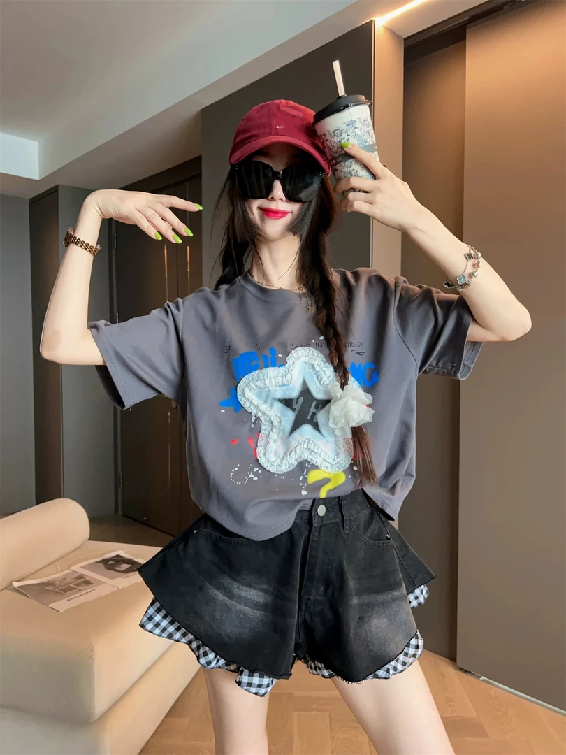 【9515】予#设计感星星款字母圆领宽松上衣