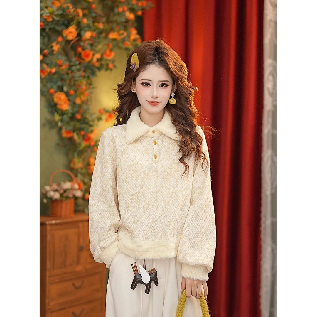 DaYuanSAD【盈汐】张嘉圆毛绒翻领针织上衣冬季加厚长袖衬衫#S15273