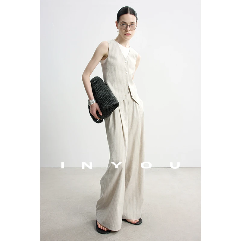 因由 高级感休闲简约马夹复古老钱风肌理感条纹马甲阔腿裤两件套