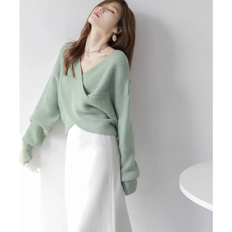 设计感小众套头长袖针织衫女秋冬装洋气气质百搭V领宽松毛衣上衣