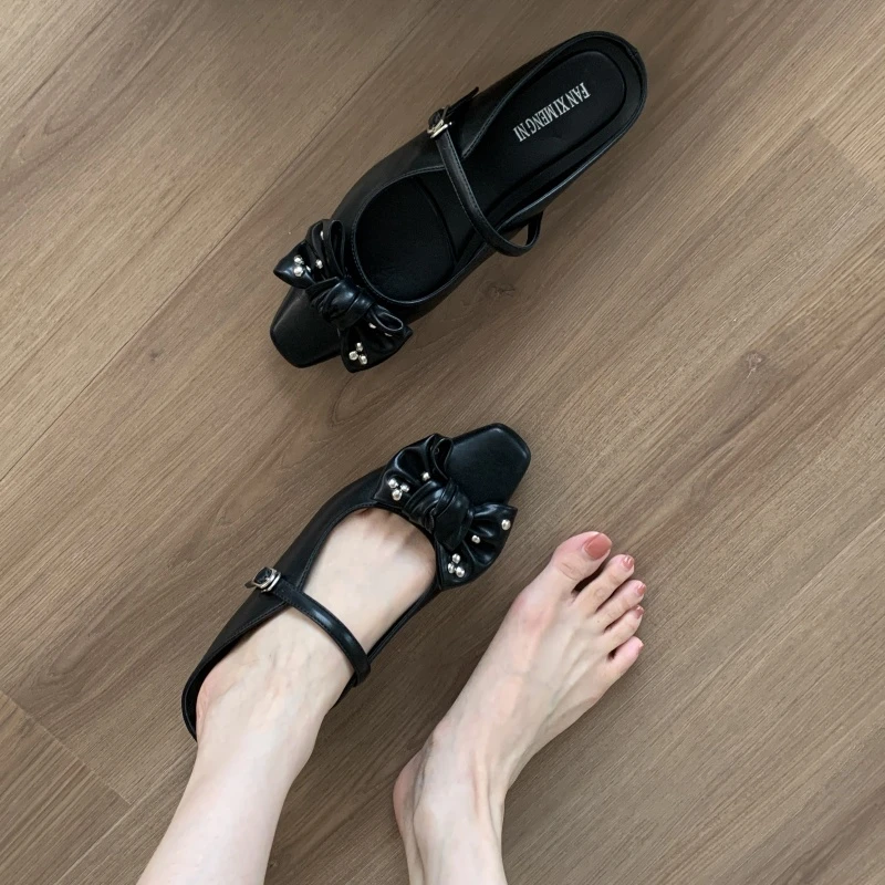 羊皮版法式内增高包头半拖鞋女夏季外穿厚底蝴蝶结一字带凉拖单鞋