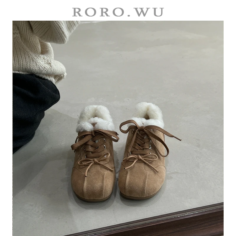 娆娆吴·磨砂牛皮加绒保暖蝴蝶结系带毛毛鞋冬季新款深口单鞋女P02