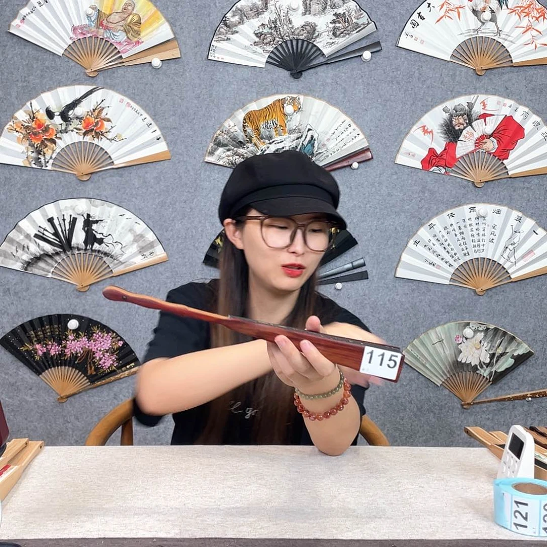 国画10寸红木-纯手绘-文玩扇骨（默认粘好）115