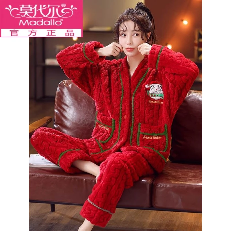 莫代尔2025冬季新款大码圣诞睡衣女士加厚珊瑚绒过年外穿红色新娘