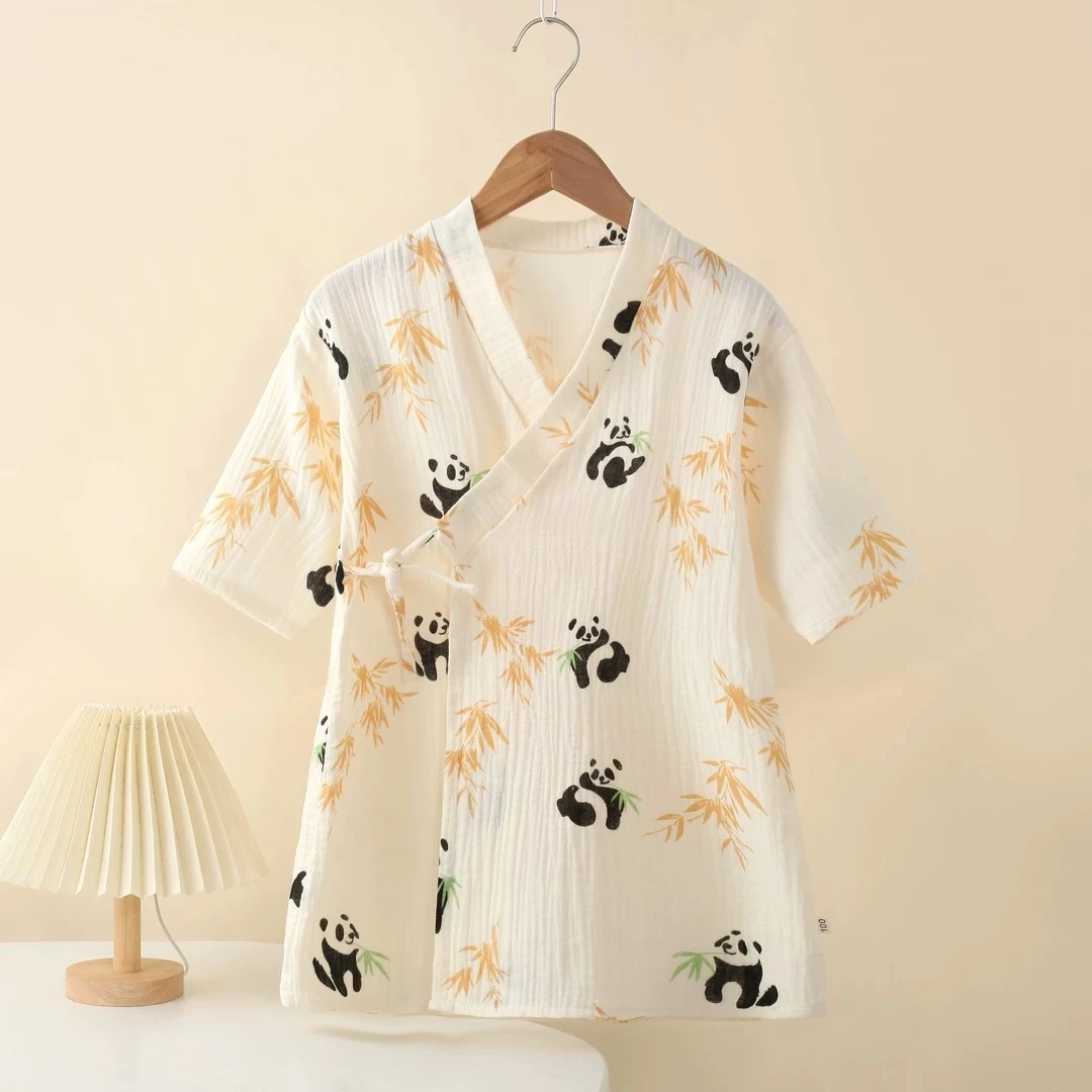 儿童纱布纯棉短袖春夏季双层棉纱男女宝中大童婴幼家居服睡衣保暖