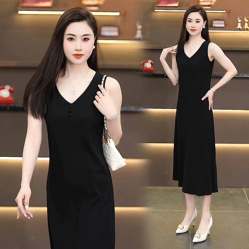 2025年夏季韩版简约气质无袖连衣裙显瘦优雅过膝吊带背心裙春夏季