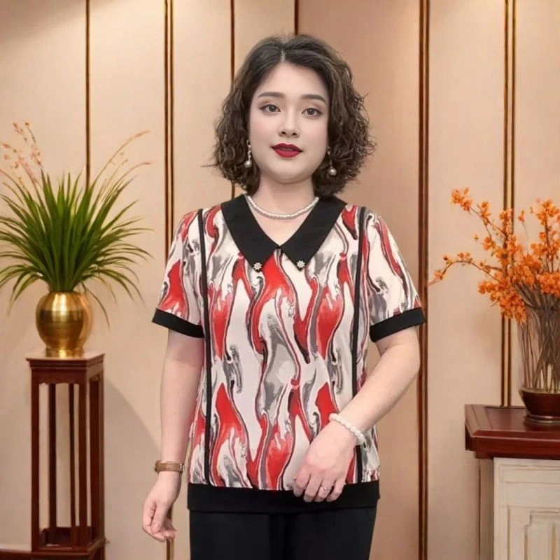 妈妈装短袖显瘦气质洋气时尚休闲中老年夏季百搭宽松上衣