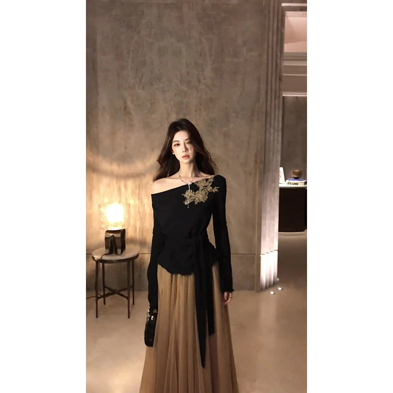 MARIE.COCO法式高级感黑色刺绣收腰绑带长袖上衣女秋季网纱蓬蓬裙