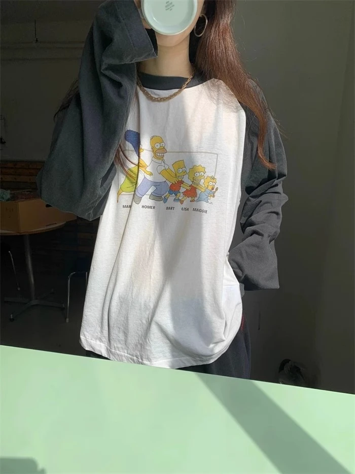 泡菜  钥匙家 圆领插肩袖 显瘦薄款 辛普森一家印花长袖防晒T恤