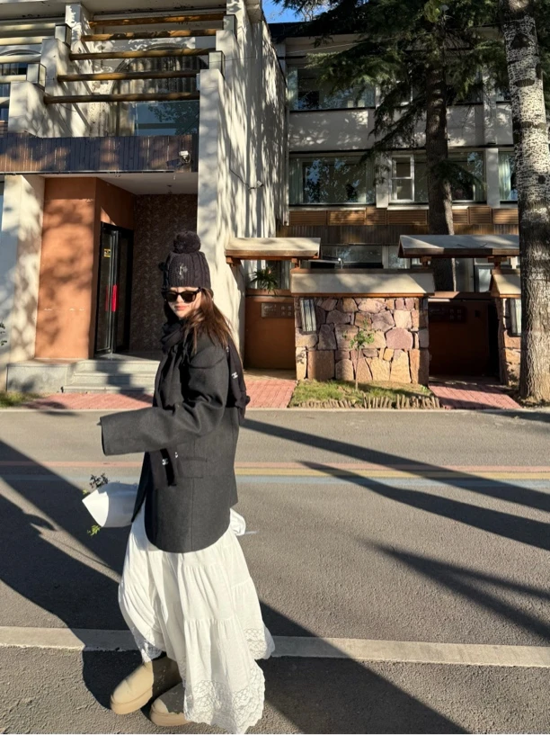 ‘蛋糕裙‘气质百搭秋冬磨毛加绒加厚拼接蕾丝花边松紧腰a字半身裙