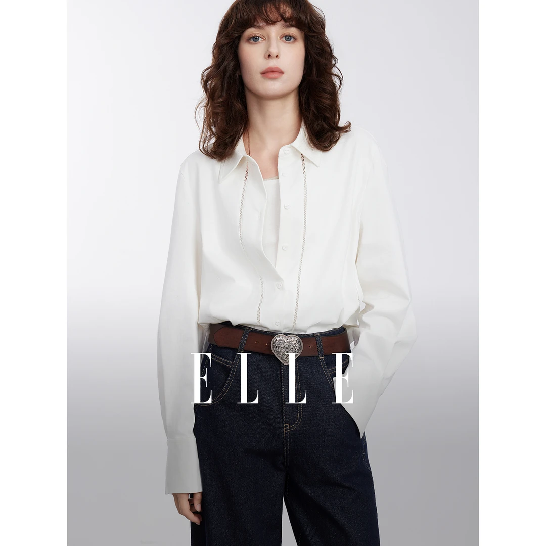 ELLE法式拼接花边翻领长袖衬衫女2025春季新款通勤风上衣EC50339