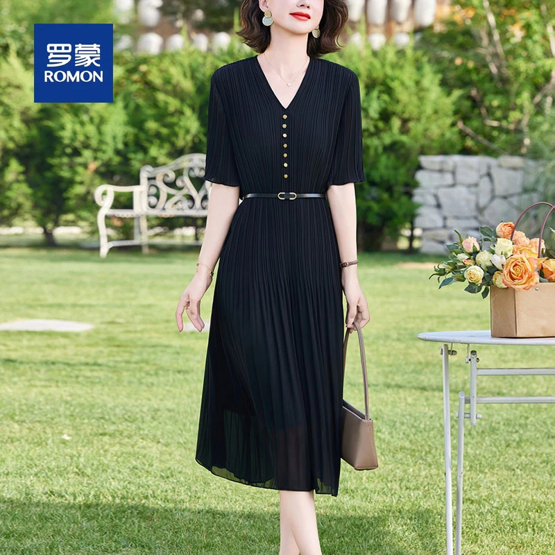 罗蒙时尚中年妈妈装高档气质连衣裙女洋气中老年人女装显瘦中长裙