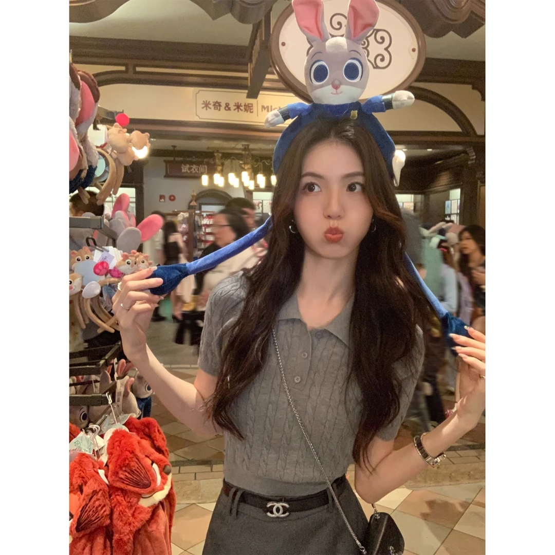 复古麻花polo领短袖针织衫女夏灰色短款冰丝薄款正肩T恤休闲上衣