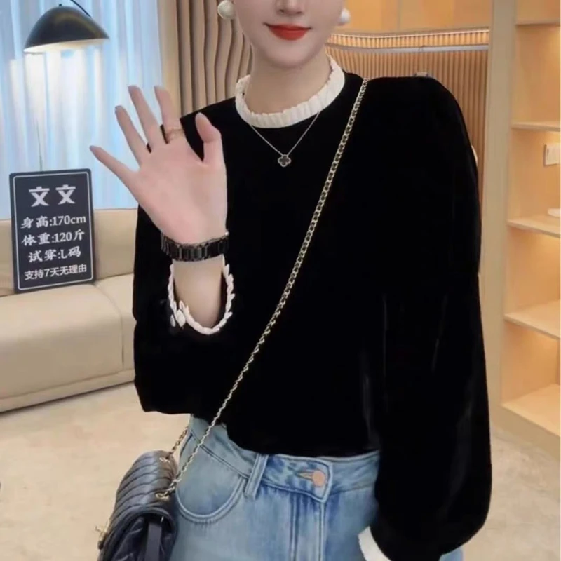 法式甜美黑色丝绒衫女 秋款新款独特别致小众打底内搭T恤 5866