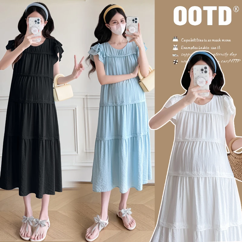孕妇装遮肚夏季辣妈长裙连衣裙飞飞袖过膝娃娃裙套头洋气宽松夏装