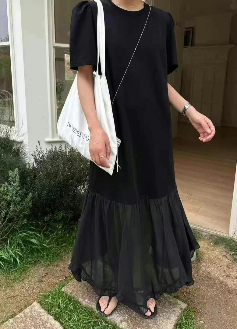 夏季新款圆领短袖网纱拼接显瘦修身宽松时尚简约女士连衣裙