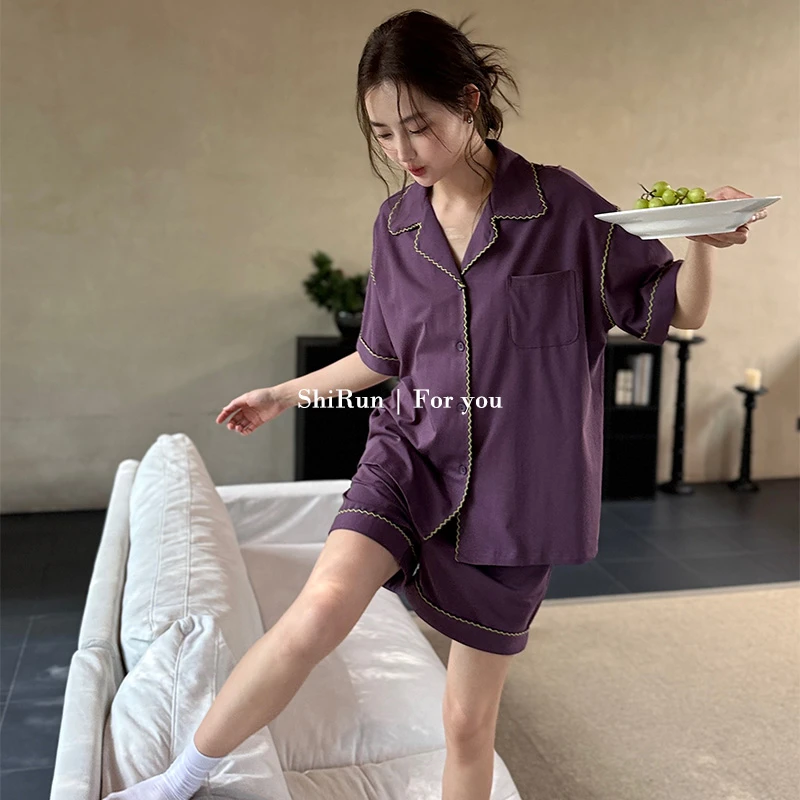 拾润纯色简约休闲气质夏季短袖睡衣女可外穿高级家居服套装