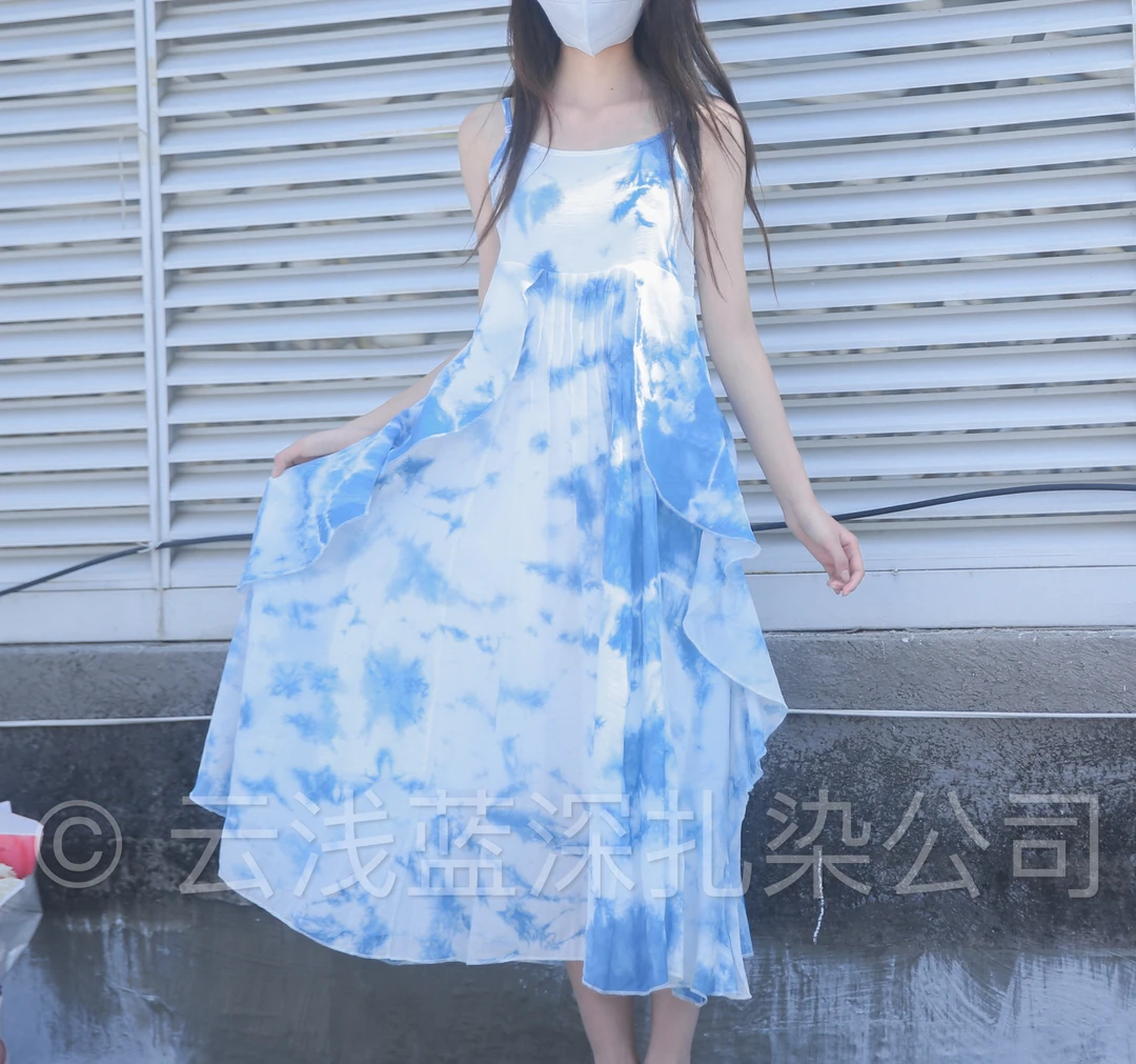 云浅蓝深 扎染赵丽颖同款飘带仙女裙云朵