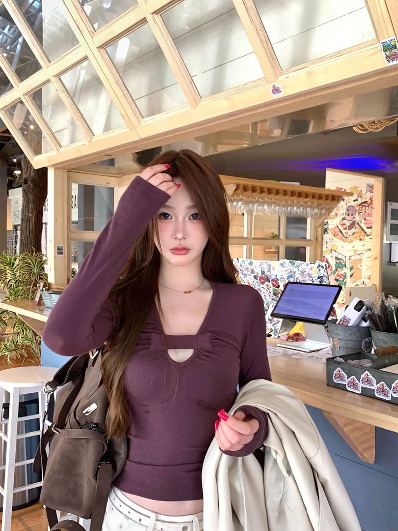 番茄园  半糖葡萄  纯欲紫色镂空褶皱修身上衣