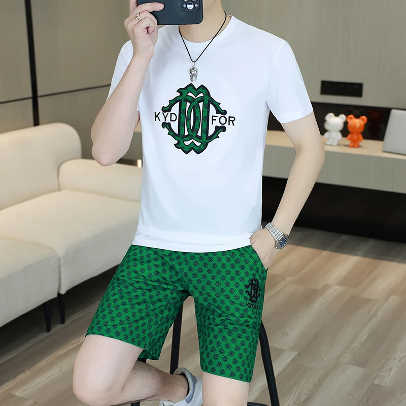 潮牌套装男士夏季新款短袖短裤两件套休闲套装帅气男时尚运动套装