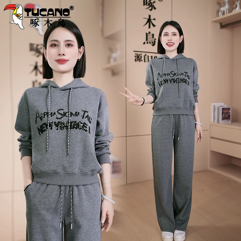 啄木鸟休闲运动服套装女2025新款春秋时尚宽松灰色卫衣连帽两件套