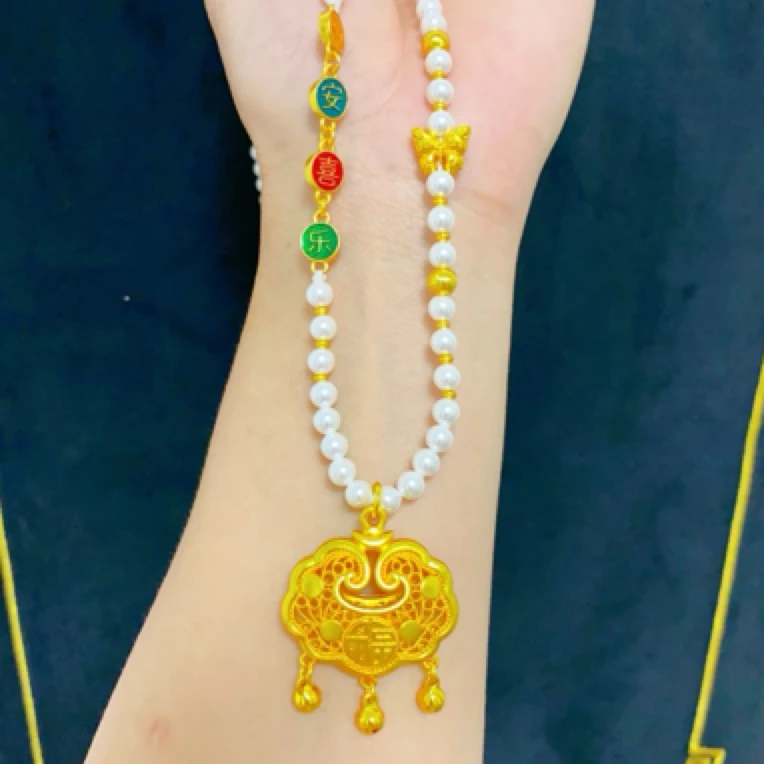 铜合金仿珍珠项链 新中式珠珠平安喜乐蝴蝶福锁毛衣项链古法手工