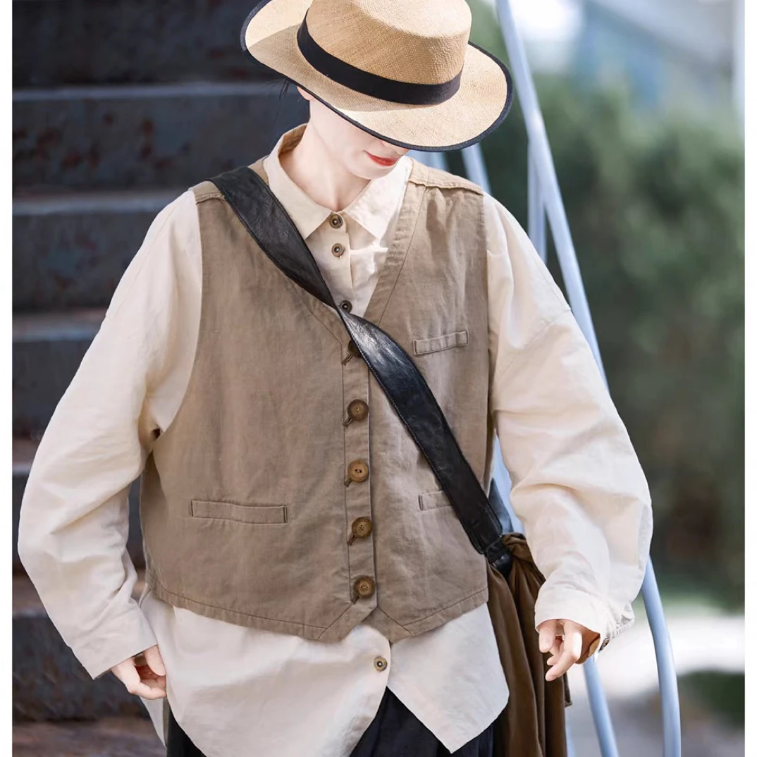 马甲女秋外穿秋款沙尘色亚麻棉复古V领高级感百搭马夹背心