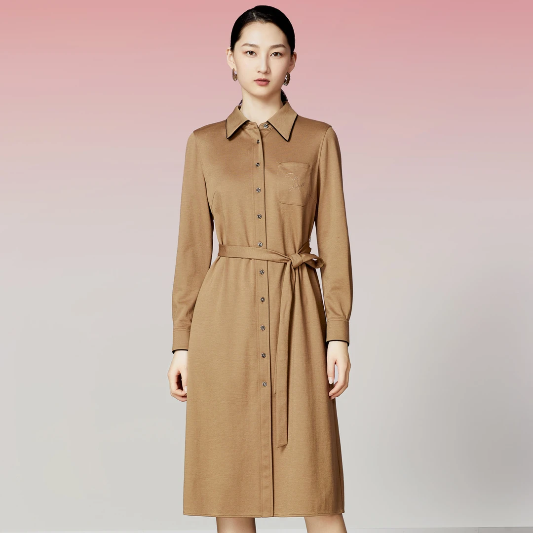 【众心专享价】美拉德风春秋款通勤时髦系带长袖衬衫裙连衣裙女