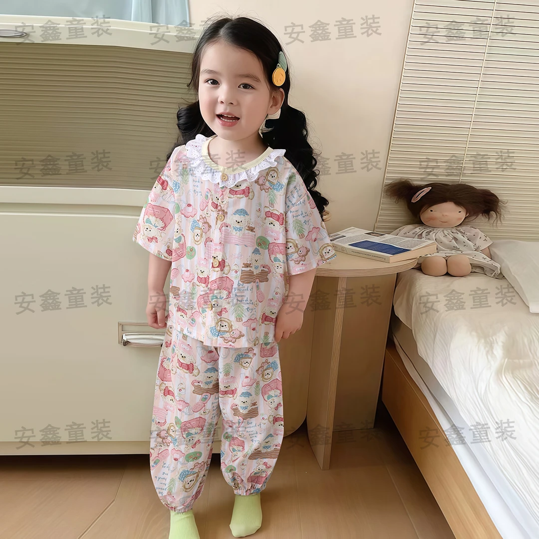 儿童夏季2025宽松亲肤可爱卡通彩色宽松睡衣棉绸家居服