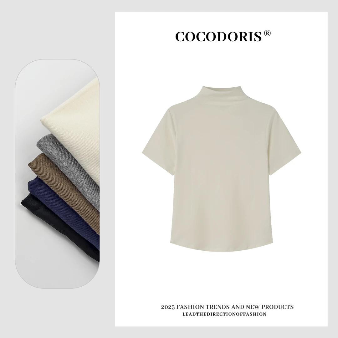 2025新款极简风小立领飞飞袖纯色短袖T恤早秋通勤百搭休闲上衣D70