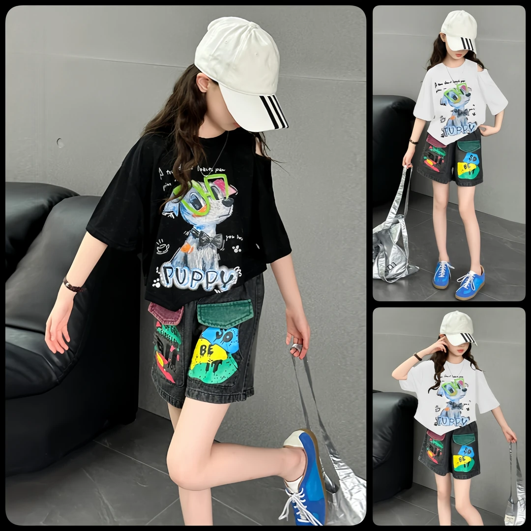女童夏季套装涂鸦短袖短裤韩范穿搭2025新款儿童中大童6-12岁薄款