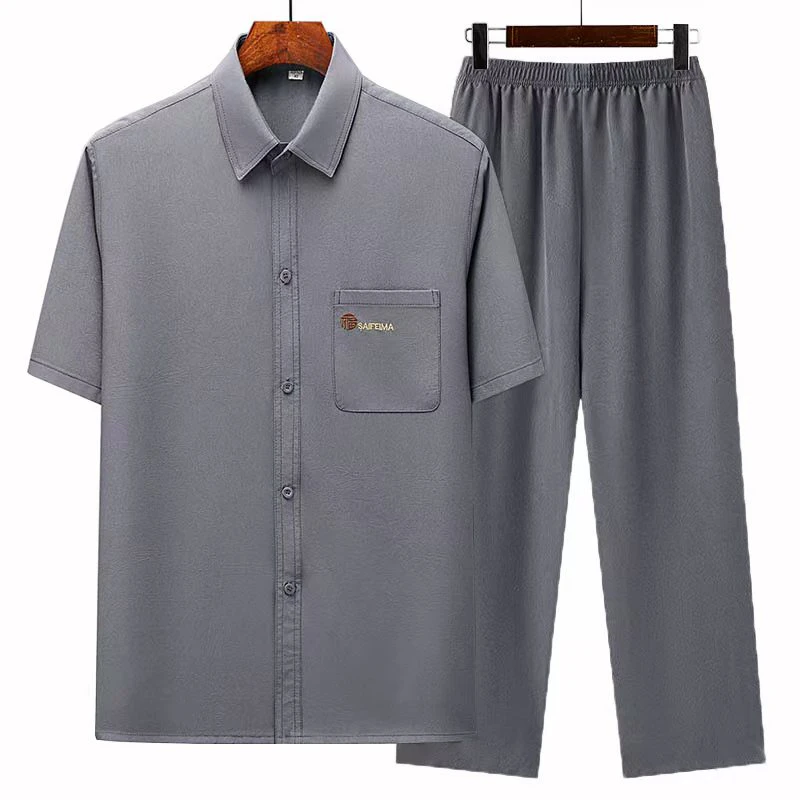 夏季男装爸爸装中老年短袖衬衫男薄款爷爷装宽松衬衣夏装两件套装
